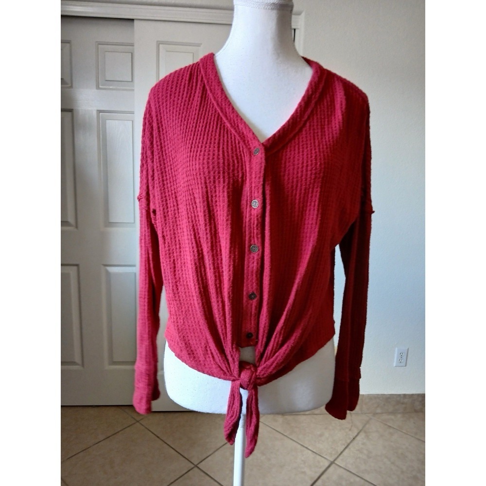 KNOX ROSE Waffle Knit Dropped Shoulder Blouse Top‎ Small Front Knot Lace Back
